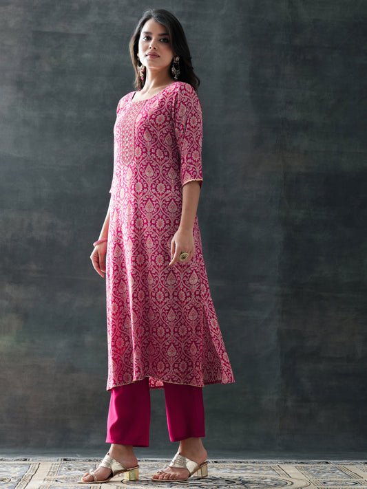 Pink Printed Silk Blend Straight Suit Set With Dupatta