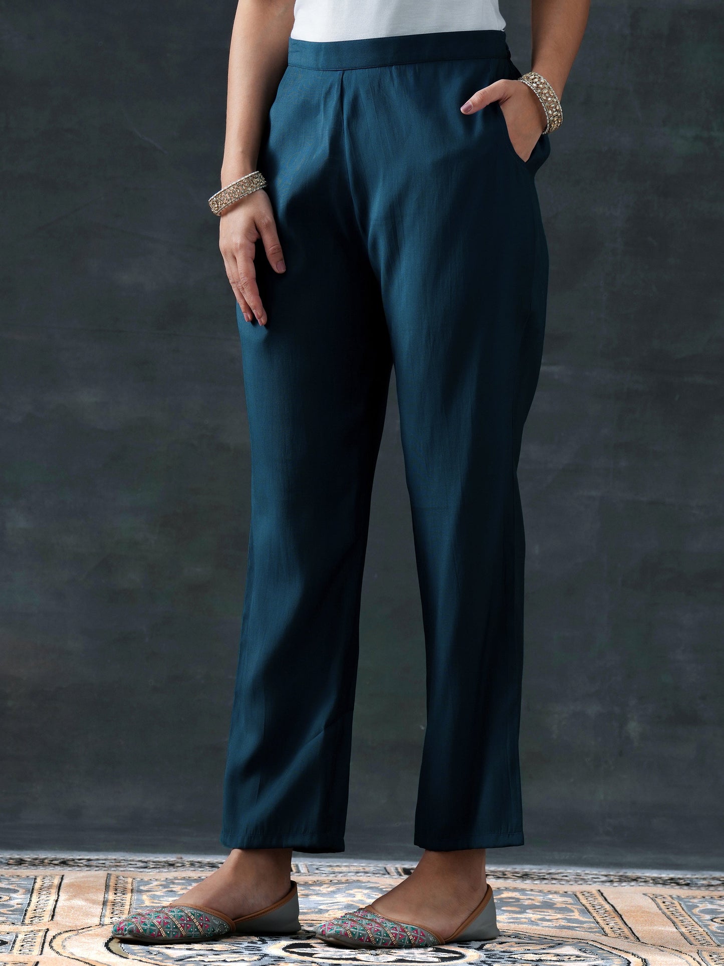 Blue Printed Silk Blend Straight Suit Set With Dupatta