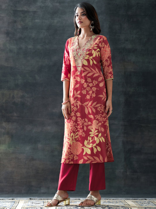 Maroon Printed Silk Blend Straight Suit Set With Dupatta