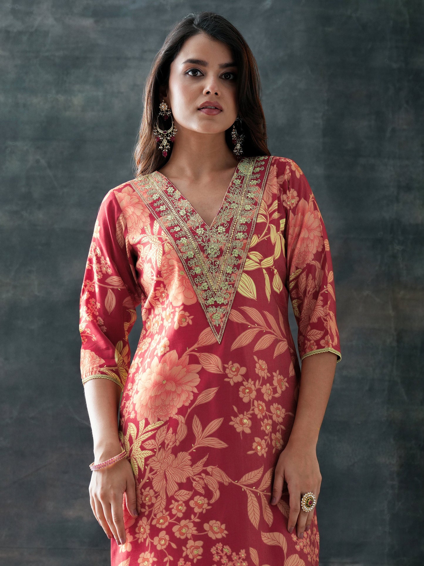 Maroon Printed Silk Blend Straight Suit Set With Dupatta