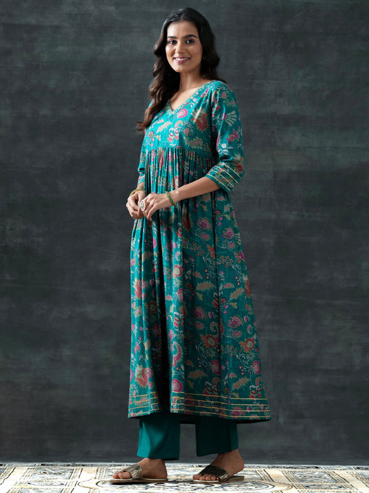 Teal Printed Silk Blend Anarkali Suit Set With Dupatta