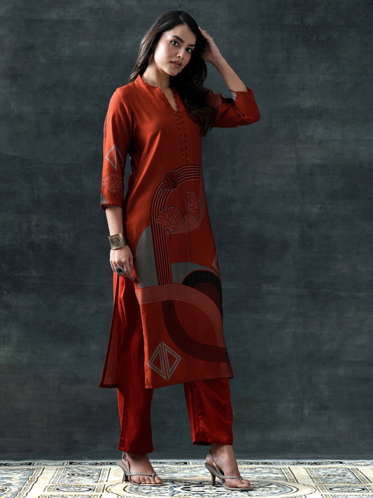 Rust Printed Silk Blend Straight Suit Set With Dupatta