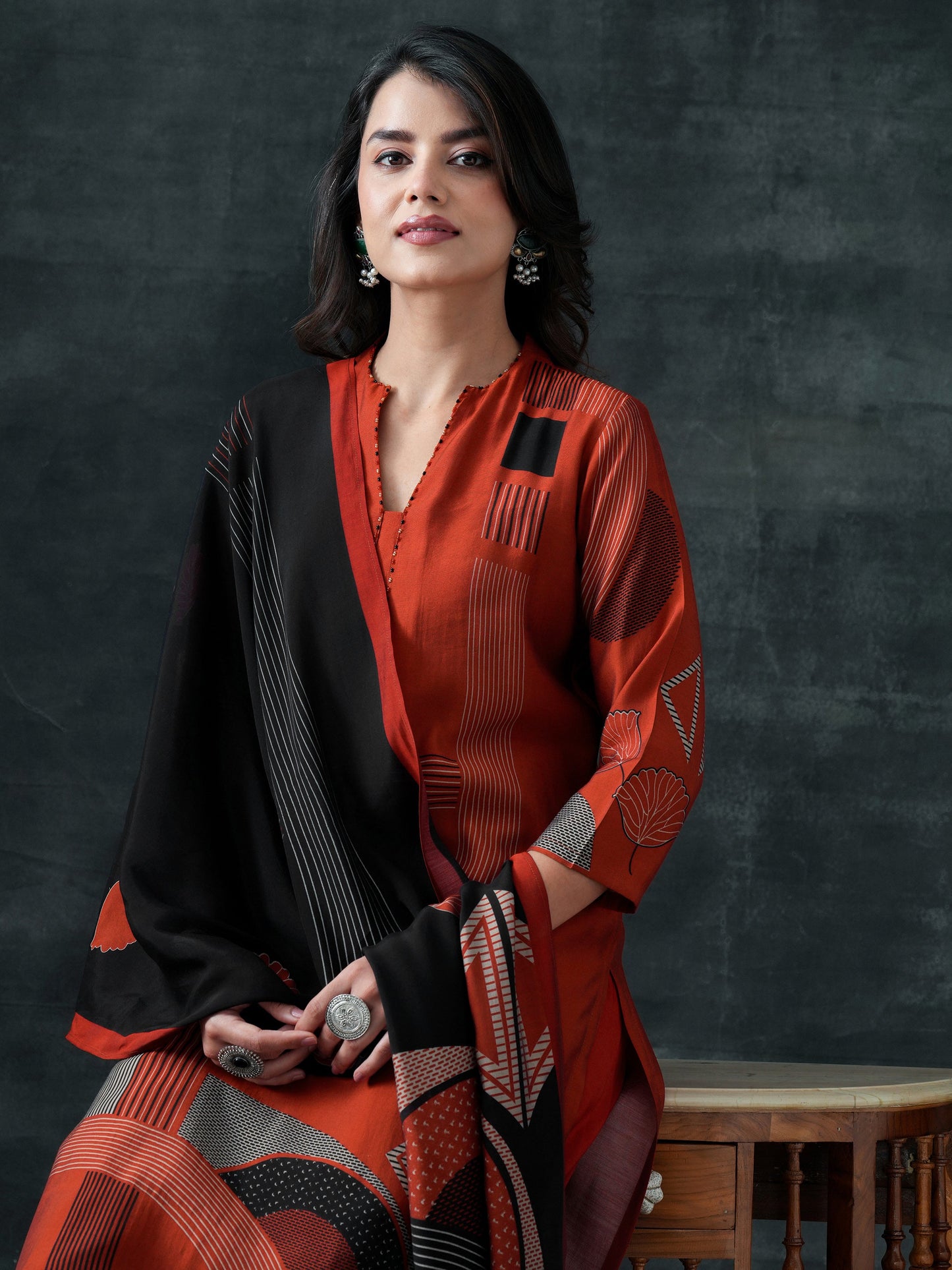 Rust Printed Silk Blend Straight Suit Set With Dupatta