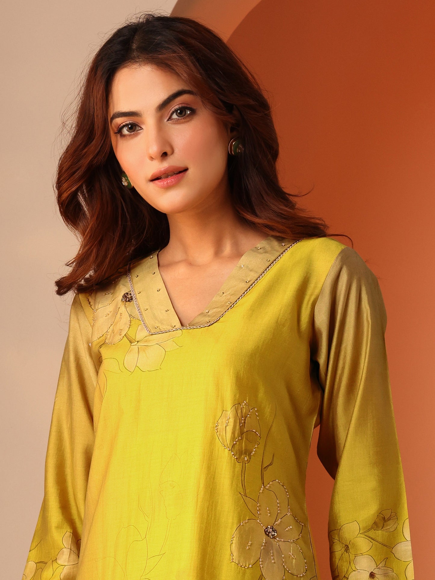 Yellow Printed Silk Blend Straight Suit Set With Dupatta