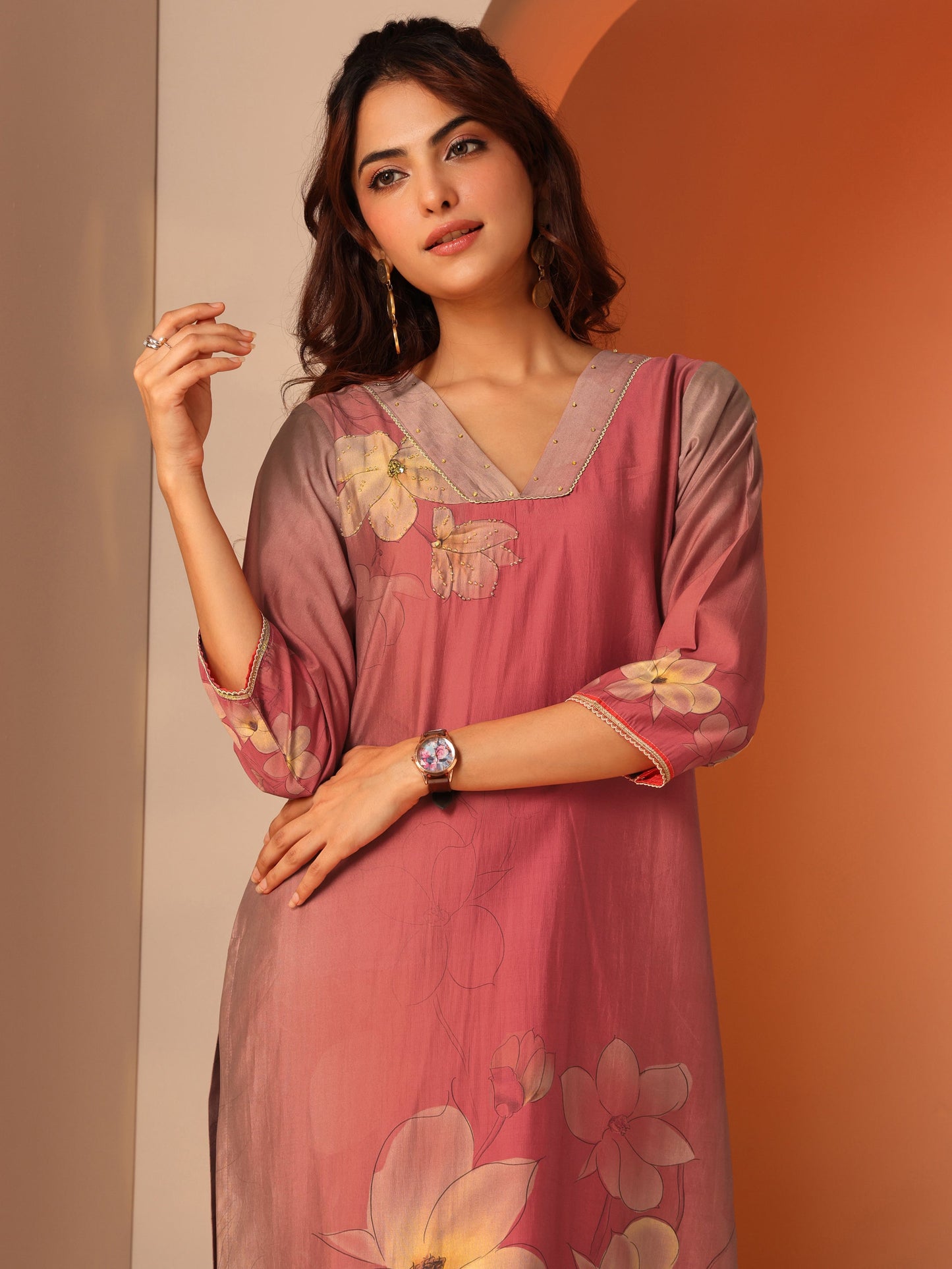 Peach Printed Silk Blend Straight Suit Set With Dupatta