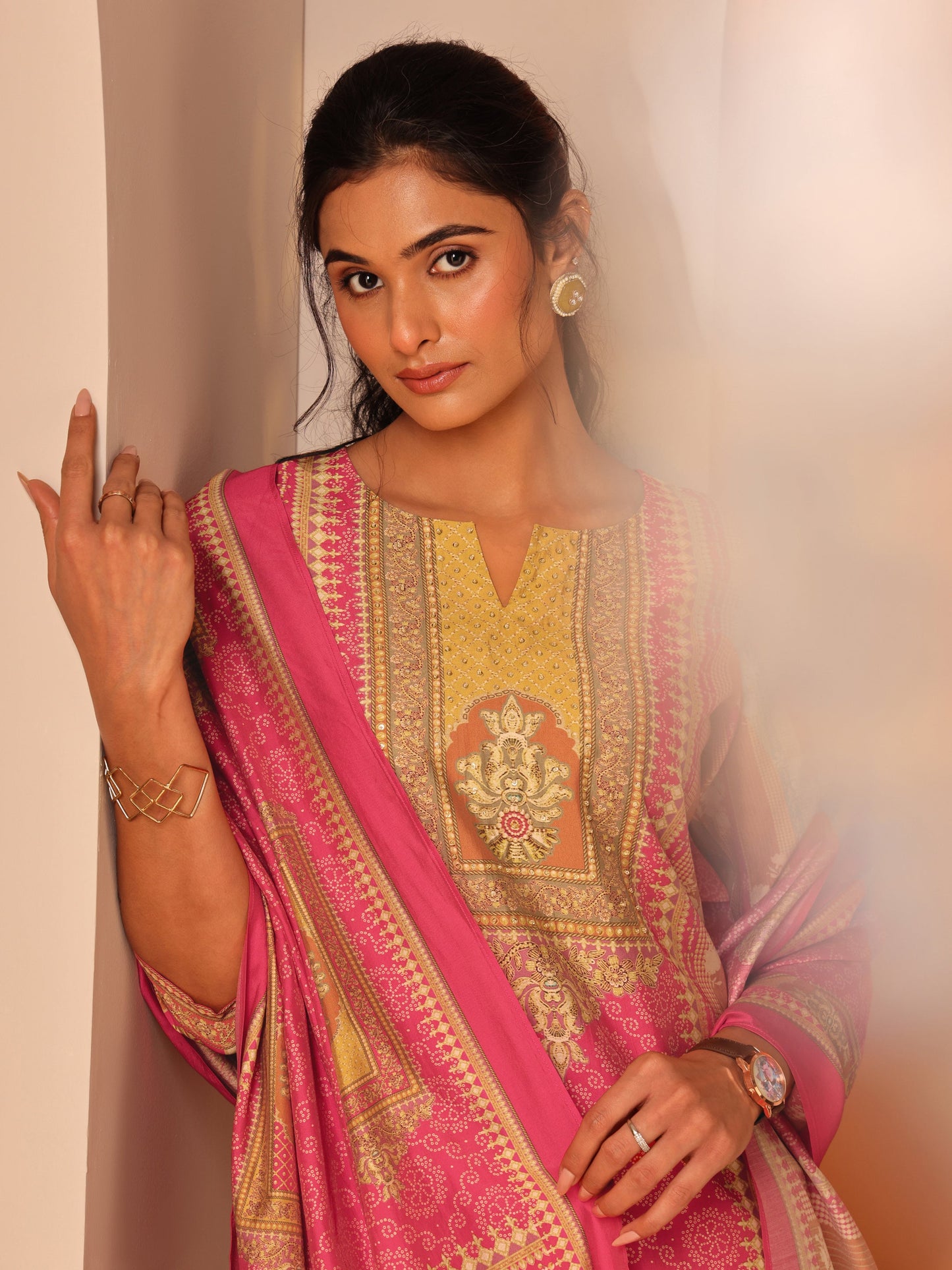 Multi Printed Silk Blend Straight Suit Set With Dupatta