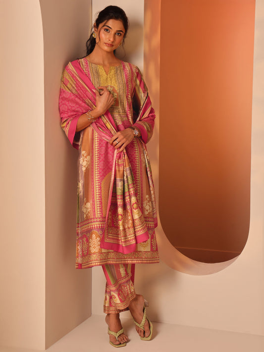 Multi Printed Silk Blend Straight Suit Set With Dupatta