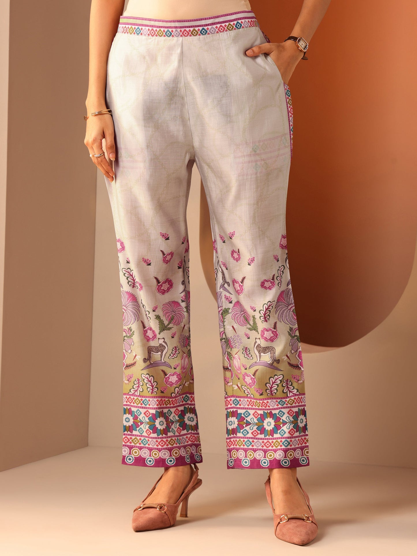 Multi Printed Silk Blend A-Line Suit Set With Dupatta