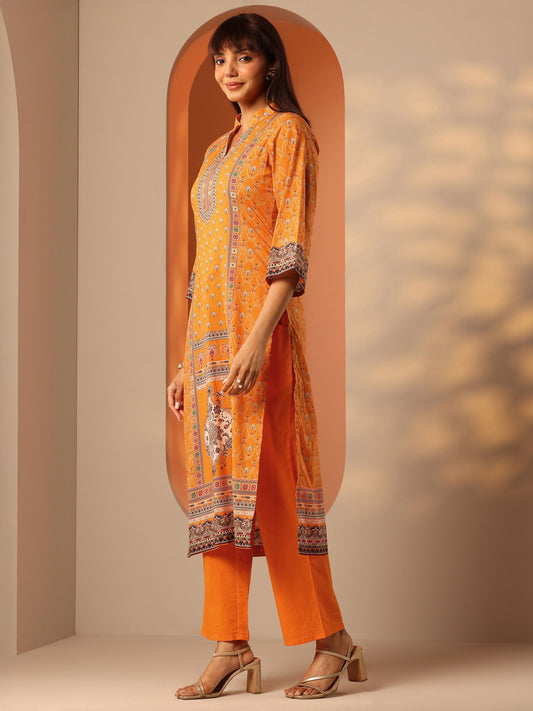 Orange Printed Cotton Straight Suit Set With Dupatta