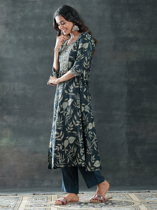 Grey Printed Silk Blend A-Line Suit Set With Dupatta