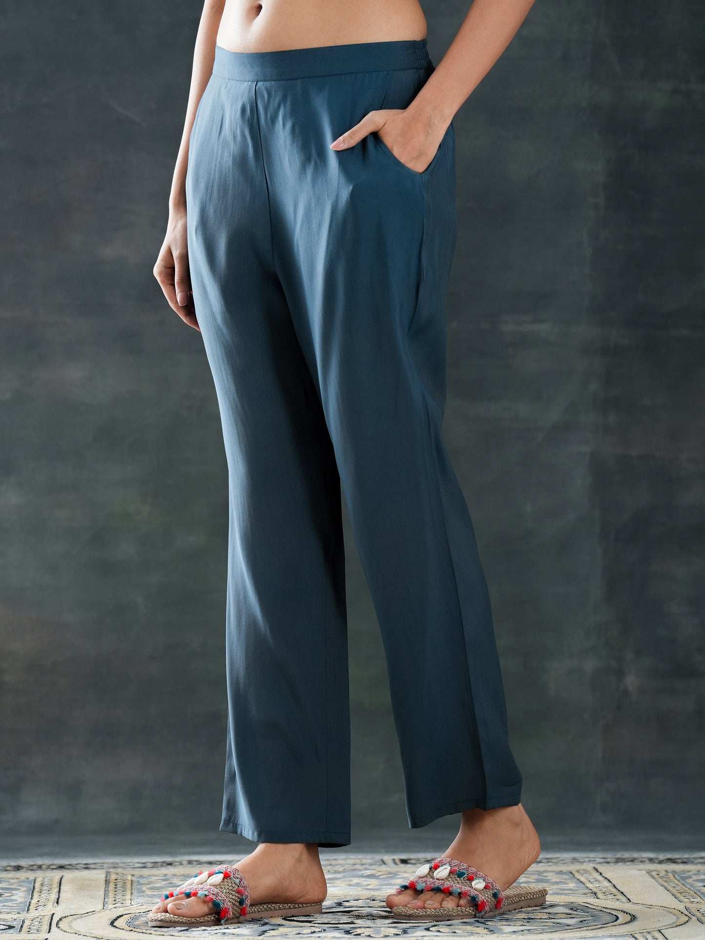 Grey Printed Silk Blend A-Line Suit Set With Dupatta