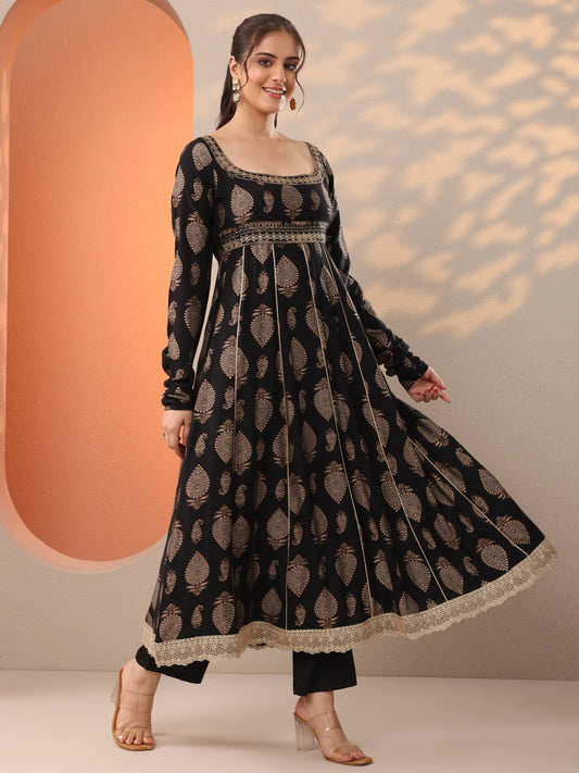 Black Printed Silk Blend Anarkali Suit Set With Dupatta