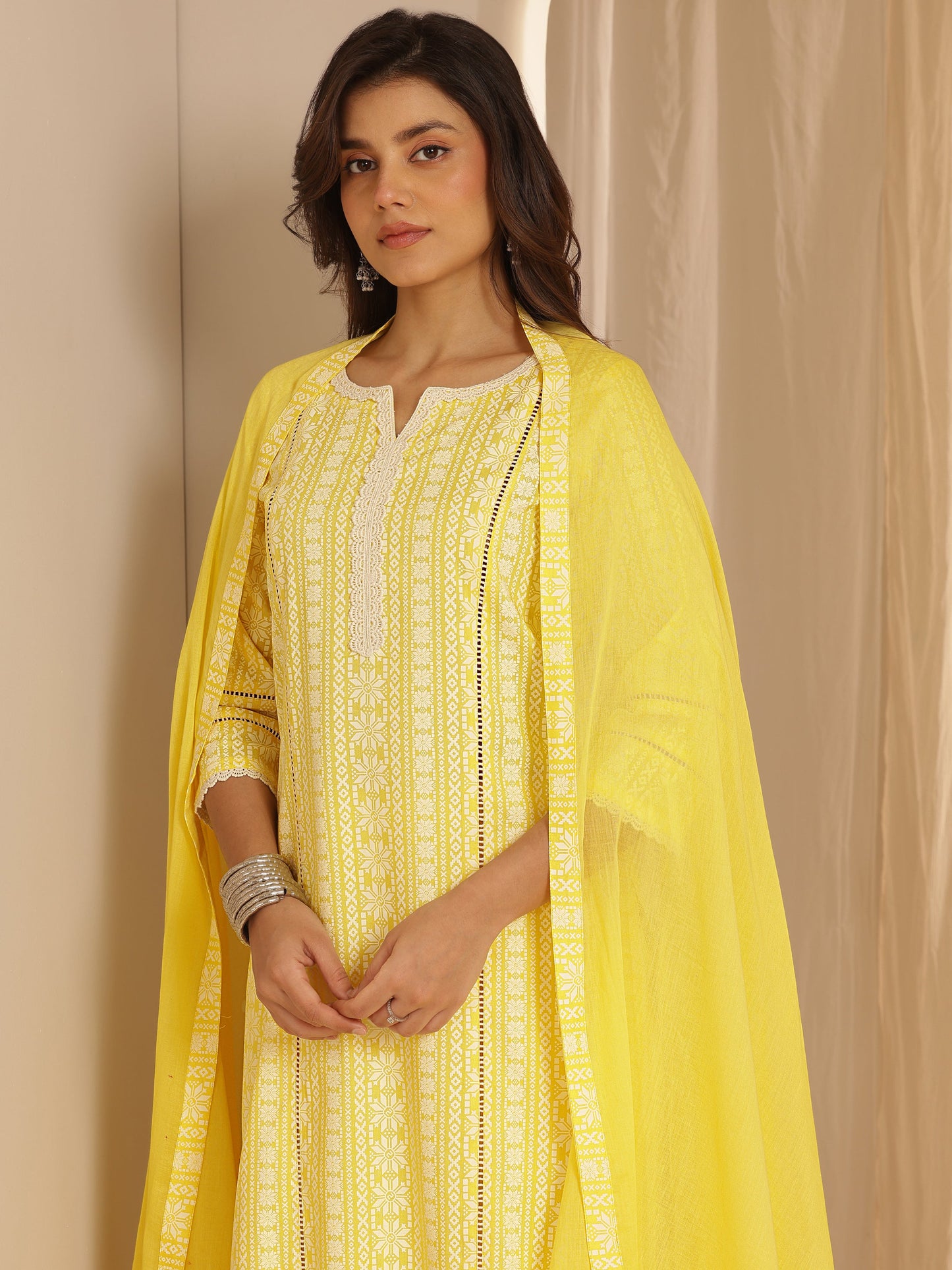 Yellow Printed Rayon Straight Suit Set With Dupatta