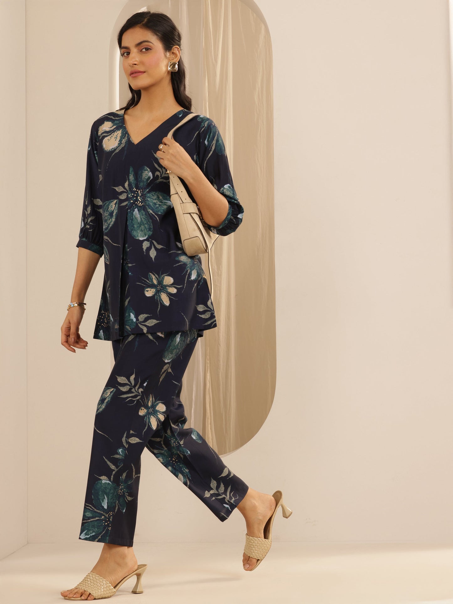 Navy Blue Printed Silk Blend Co-Ord Sets