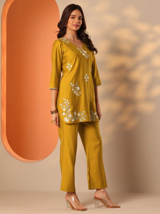 Mustard Embroidered Silk Blend Co-Ord Sets
