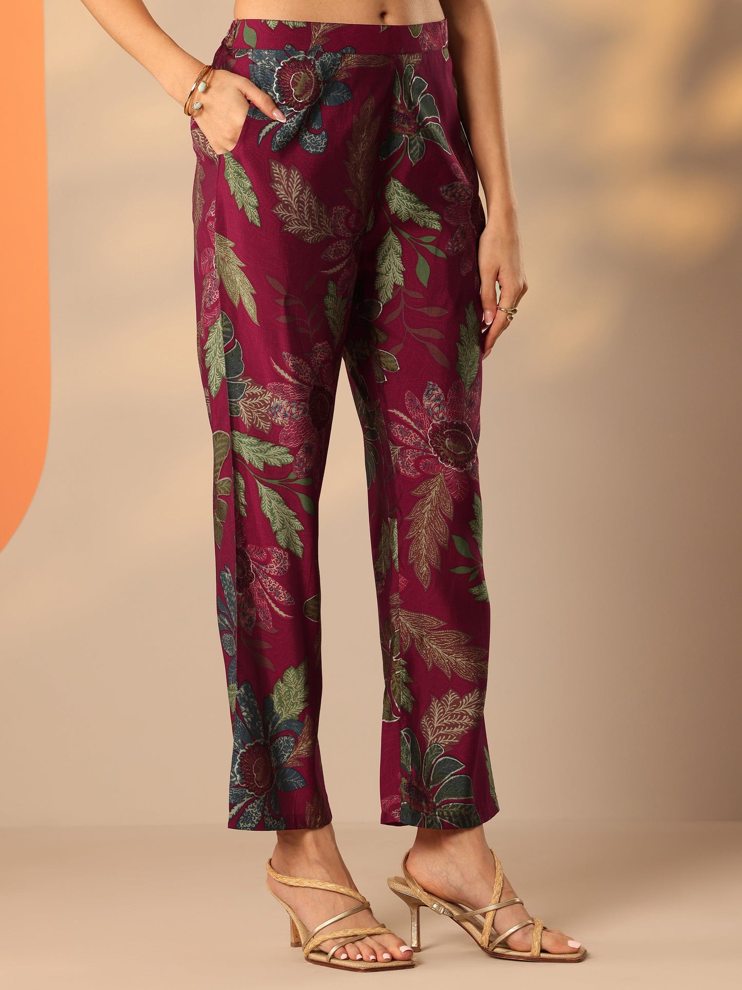 Maroon Printed Silk Blend Co-Ord Sets