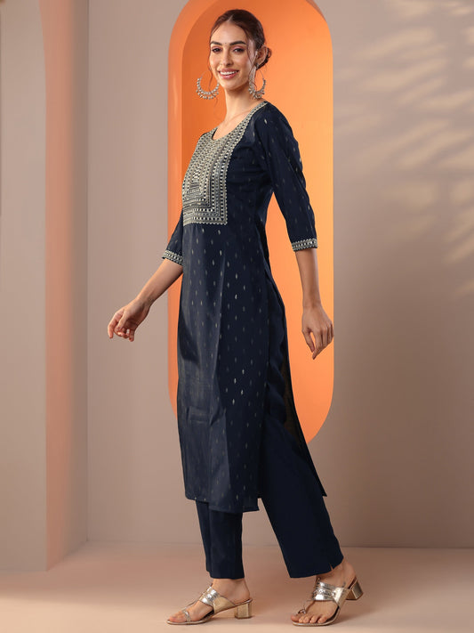 Navy Blue Embellished Silk Blend Straight Kurta Set