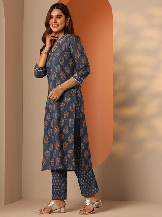 Blue Prnted Cotton Straight Kurta Set