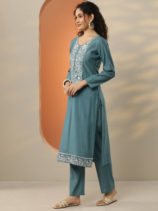 Blue Embroidered Silk Blend Straight Kurta Set