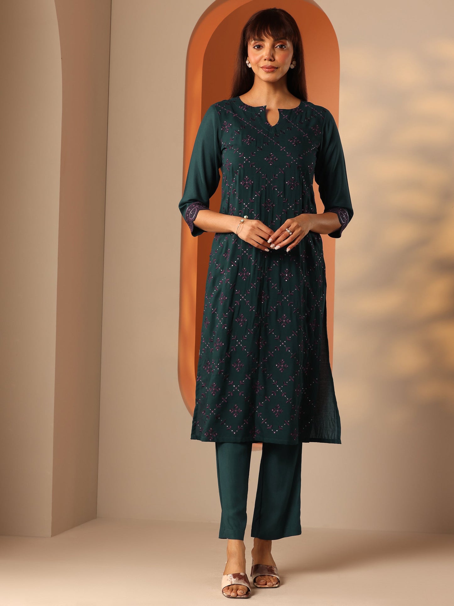 Green Embroidered Rayon Straight Kurta Set