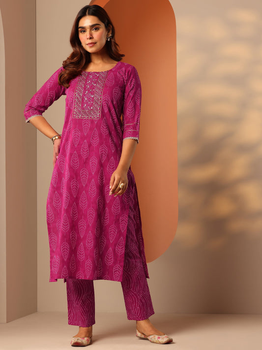 Pink Printed Cotton Straight Kurta Set