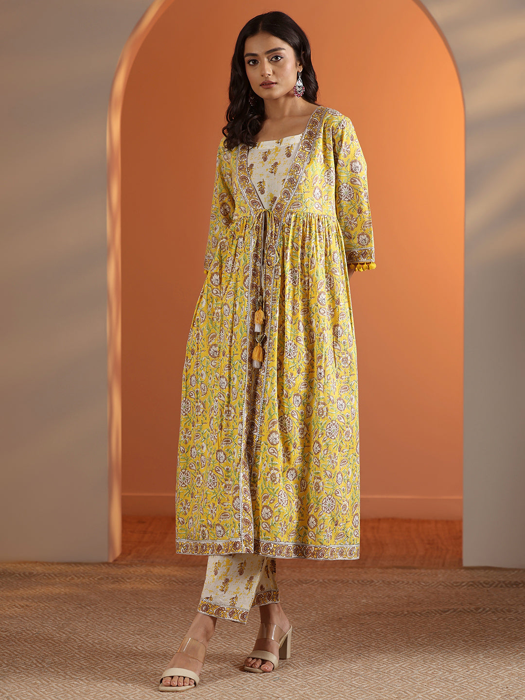 Yellow Printed Cotton A-Line Kurta Set