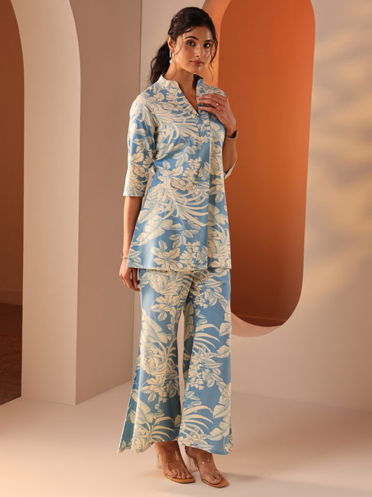 Blue Printed Rayon Straight Co-Ord Sets