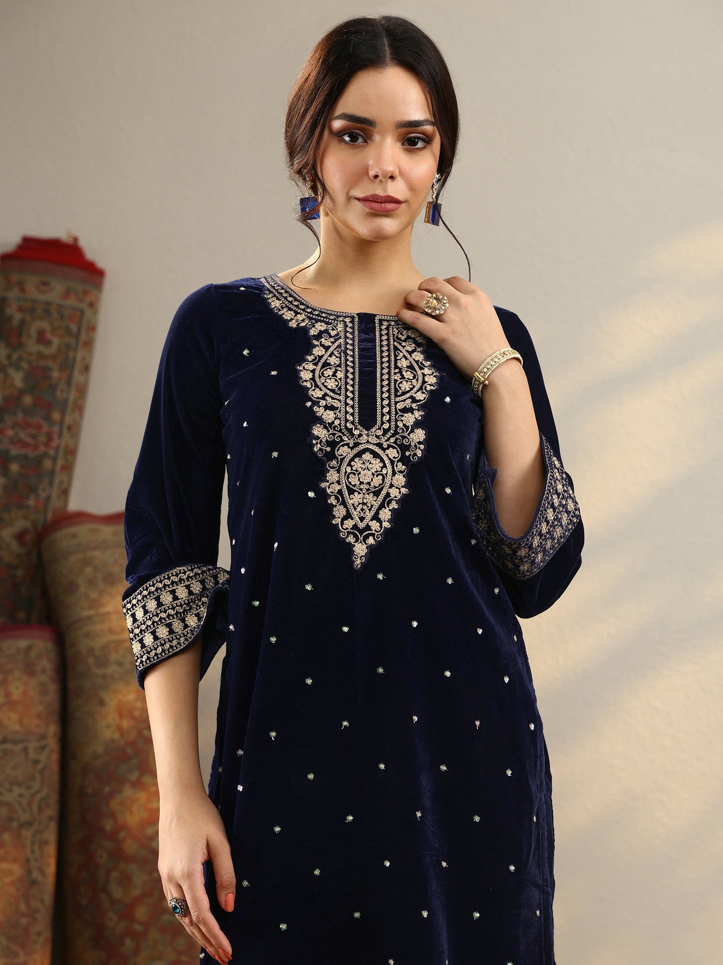 Kanak Navy Blue Embroidered Velvet Straight Suit Set With Dupatta