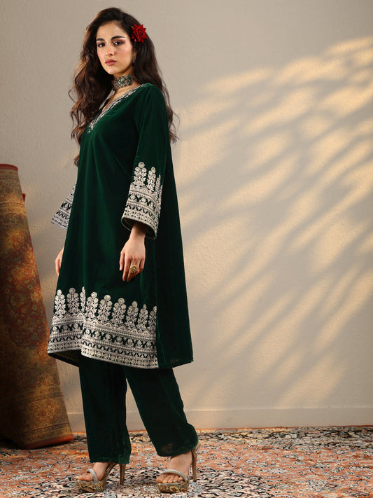 Green Embroidered Velvet Straight Kurta Set