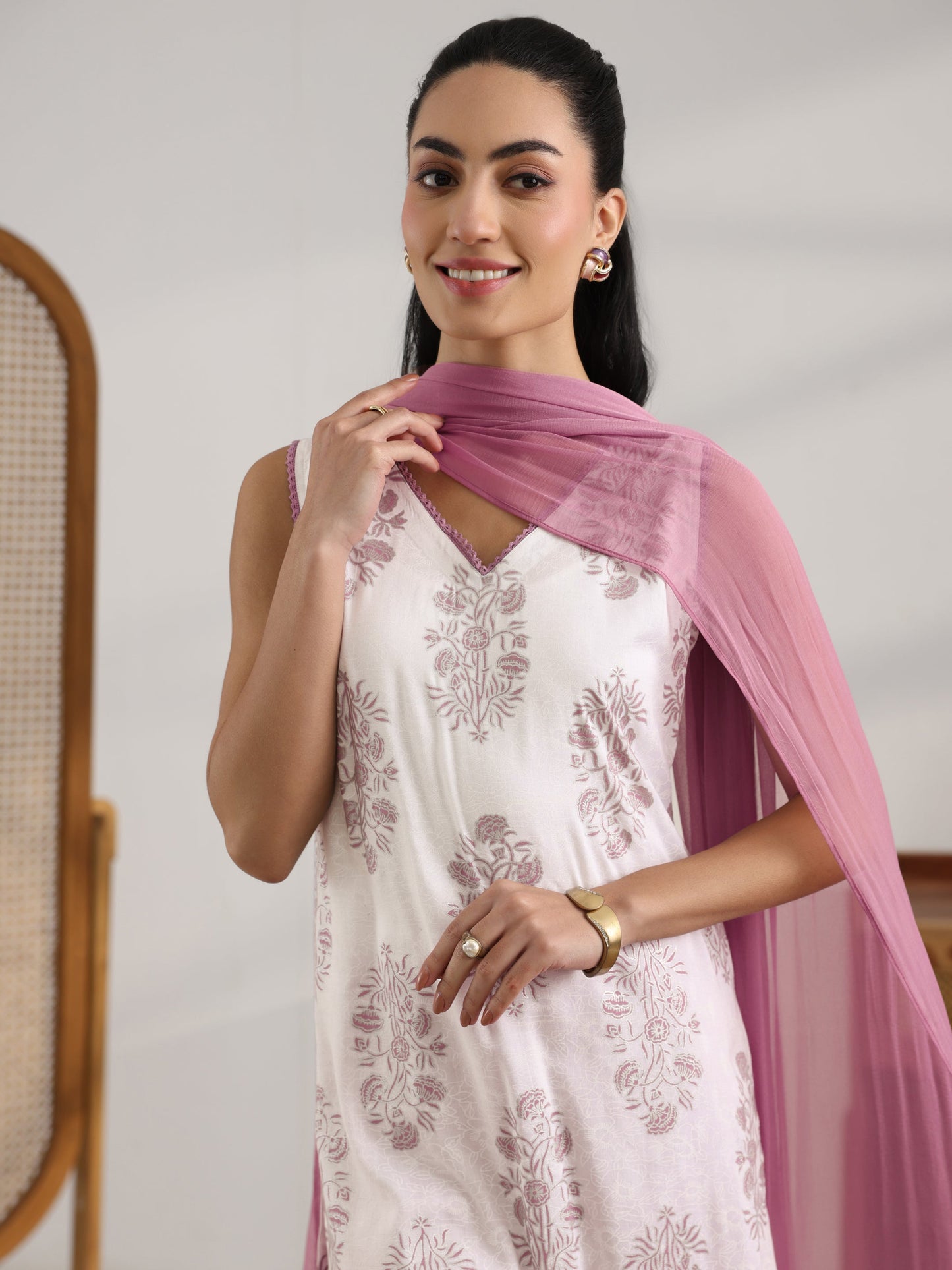 White Printed Rayon Straight Suit Set With Dupatta