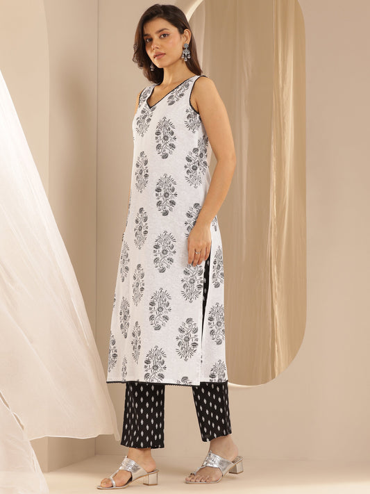 White Printed Rayon Straight Suit Set With Dupatta