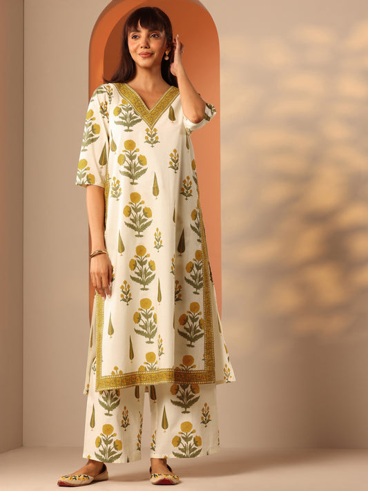 Off White Printed Cotton Straight Kurta Set
