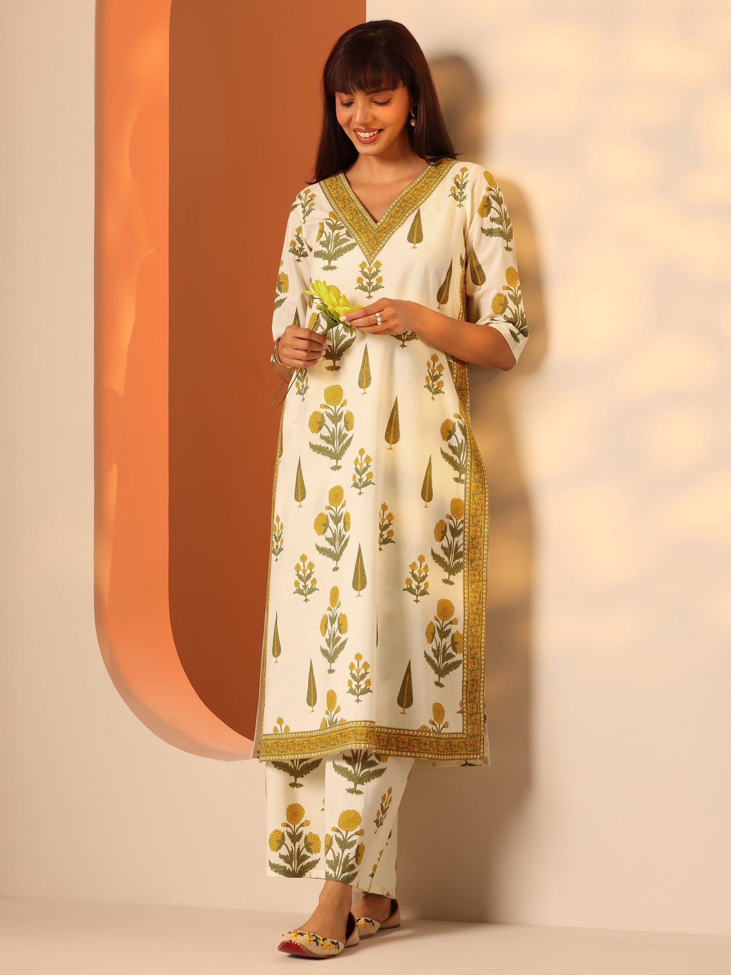 Off White Printed Cotton Straight Kurta Set