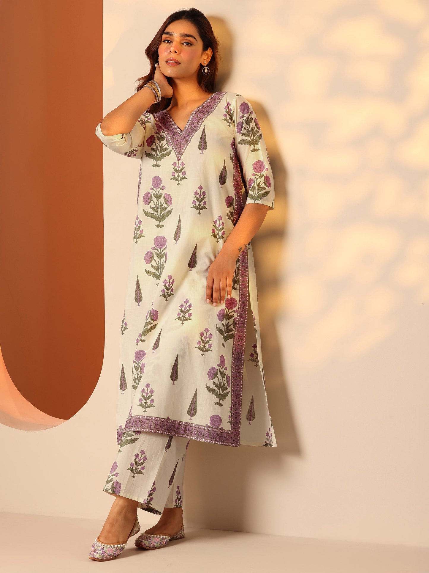 Off White Printed Cotton Straight Kurta Set