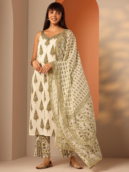 Off White Printed Cotton Straight Suit Set With Dupatta