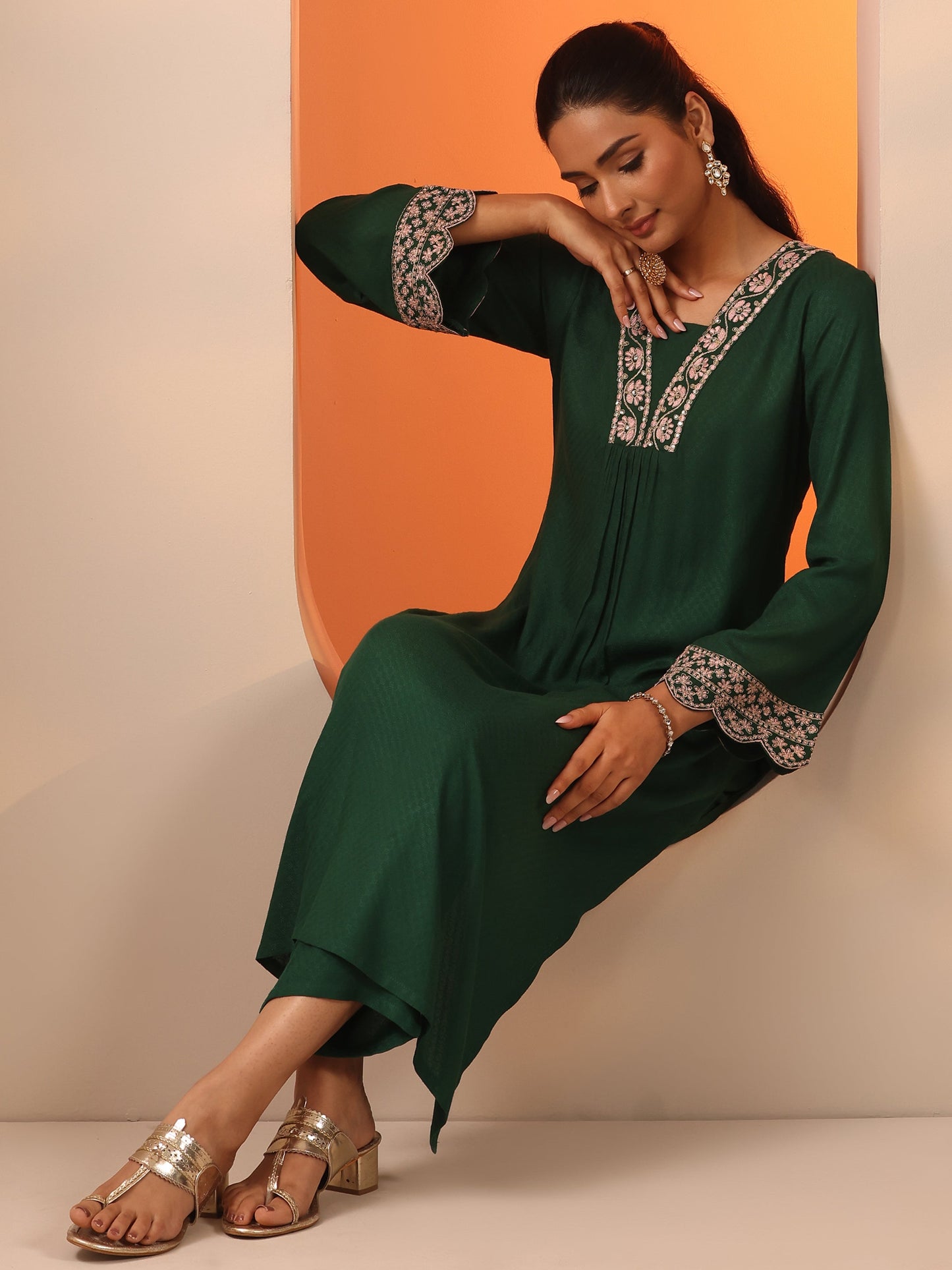 Green Embroidered Rayon Straight Kurta Set