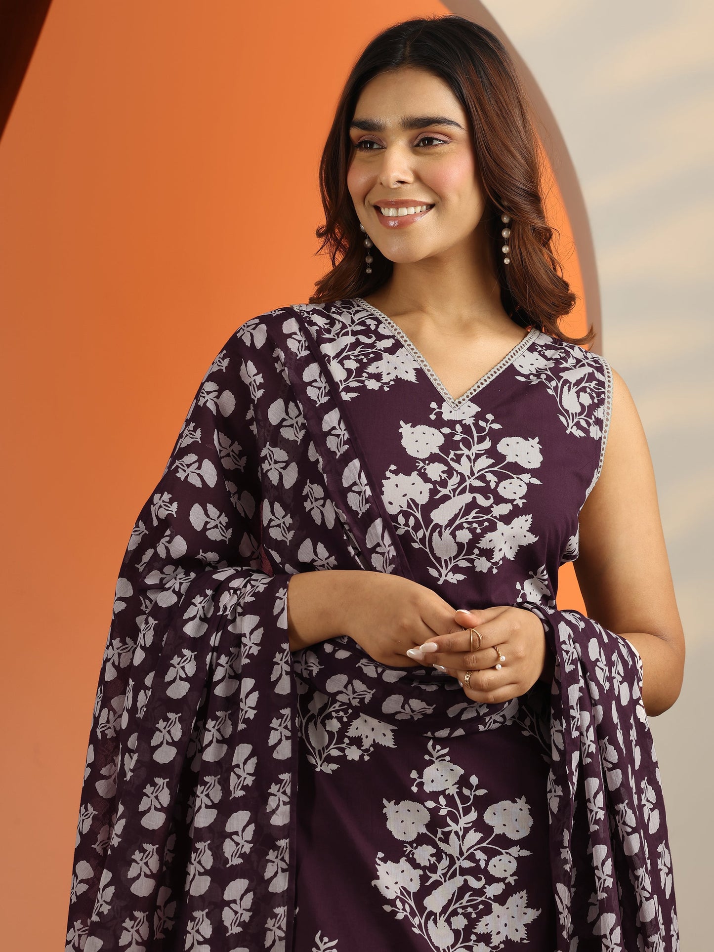 Burgundy Printed Cotton Straight Suit Set With Dupatta