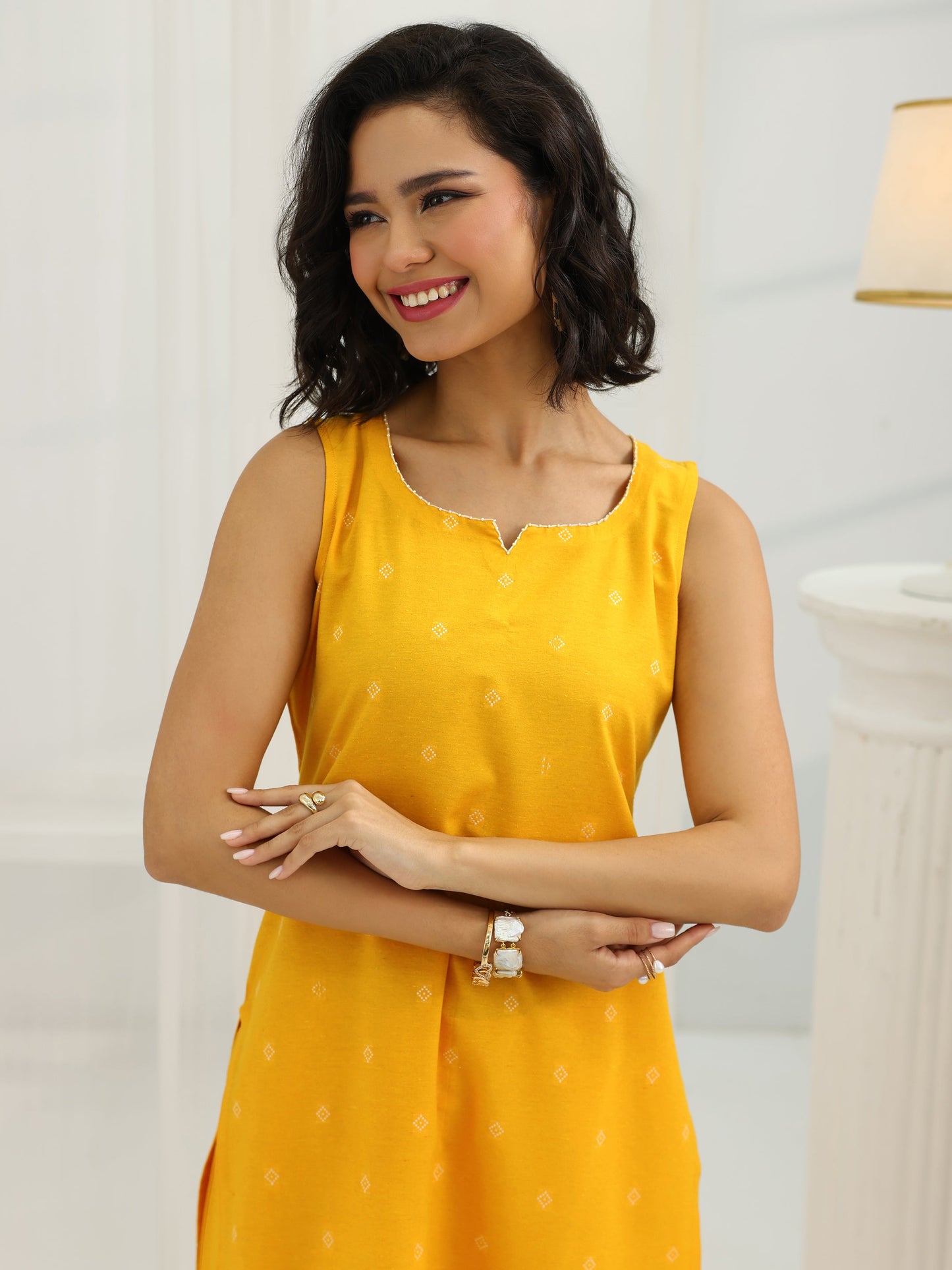 Yellow Woven Design Cotton Blend Straight Suit Set With Dupatta