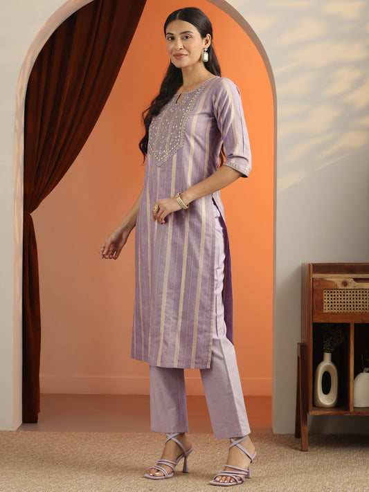 Purple Embroidered Cotton Blend Straight Suit Set With Dupatta
