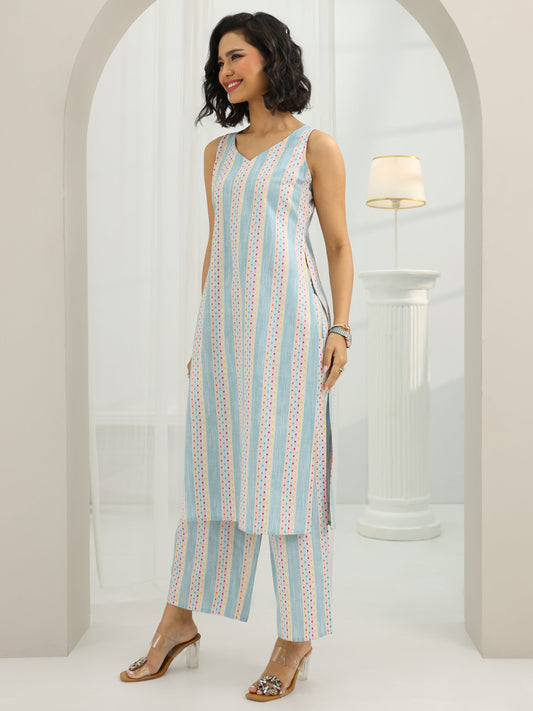 Blue Woven Design Cotton Blend Straight Suit Set With Dupatta