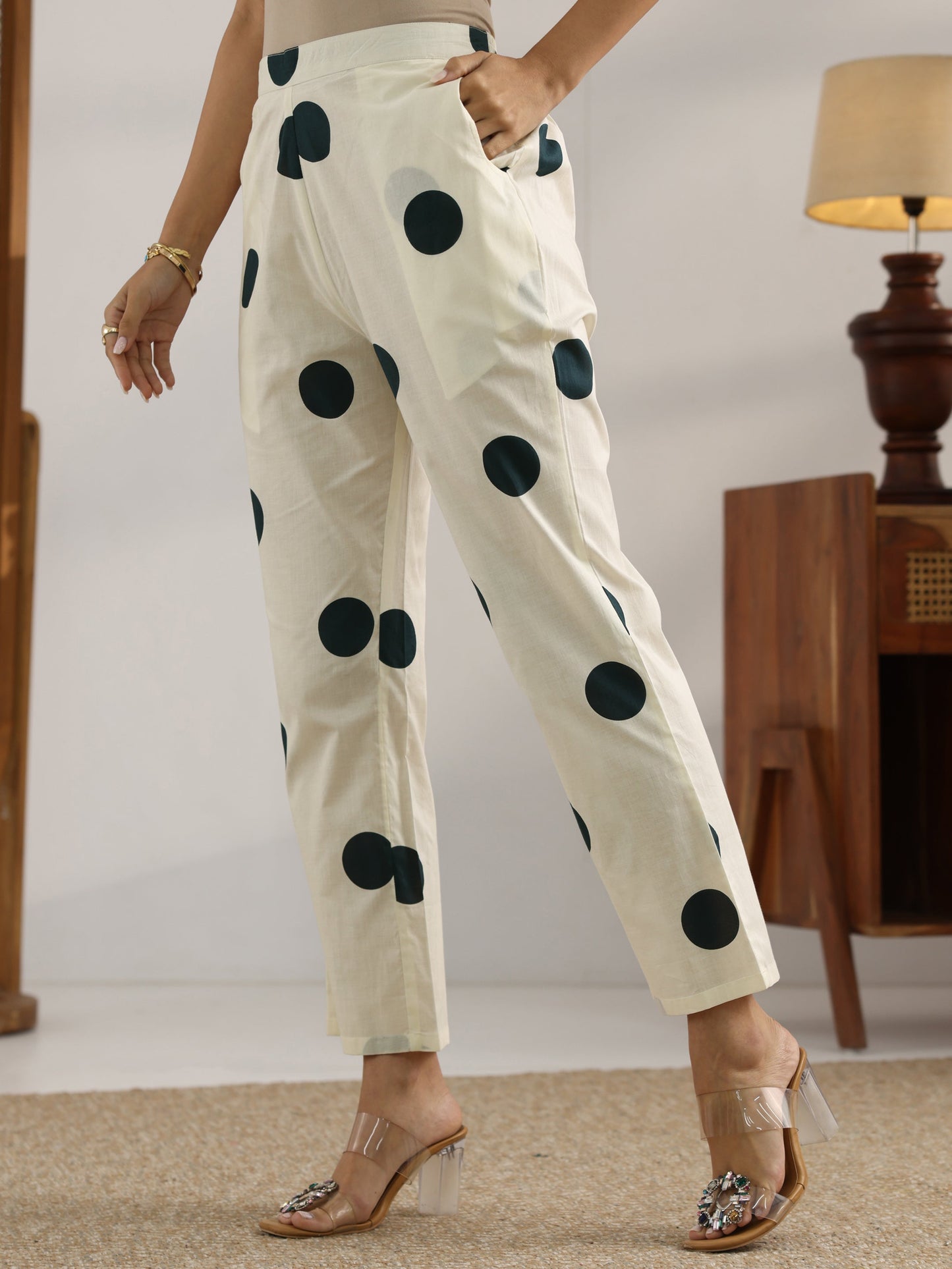 Off White Printed Cotton A-Line Kurta Set