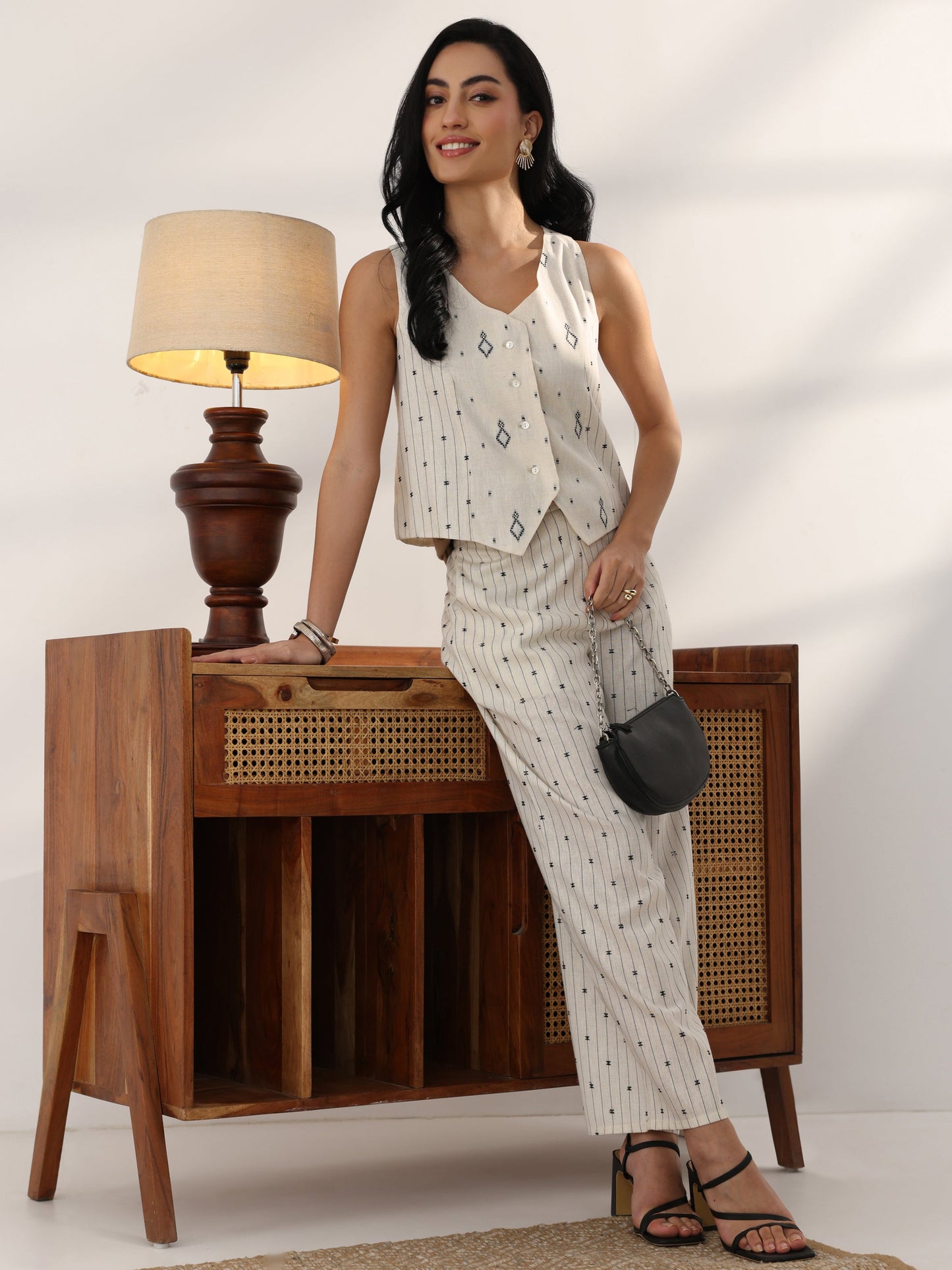 Off White Woven Design Cotton Blend Co-Ord Set