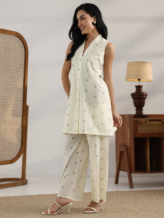 Off White Printed Cotton Straight Kurta Set