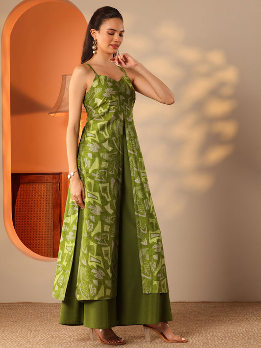 Green Printed Silk Blend Straight Kurta Set