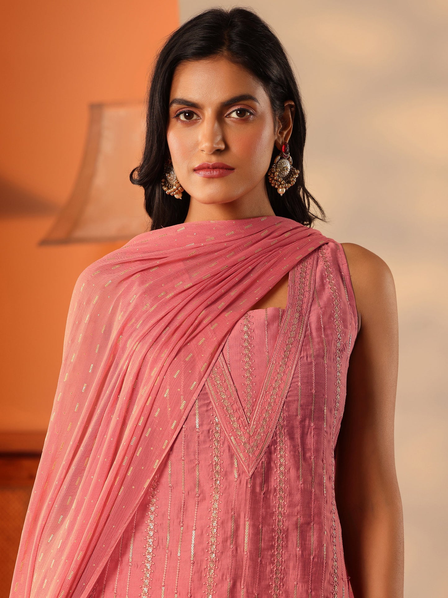 Peach Embroidered Silk Blend Straight Suit Set With Dupatta