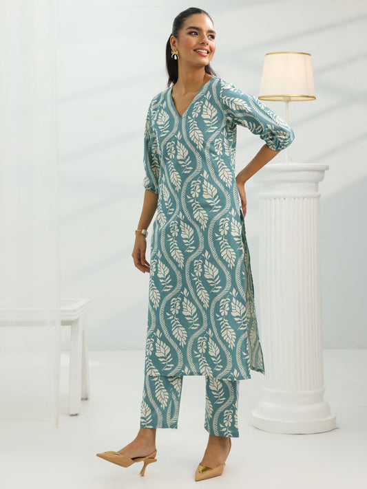 Blue Printed Cotton Straight Kurta Set
