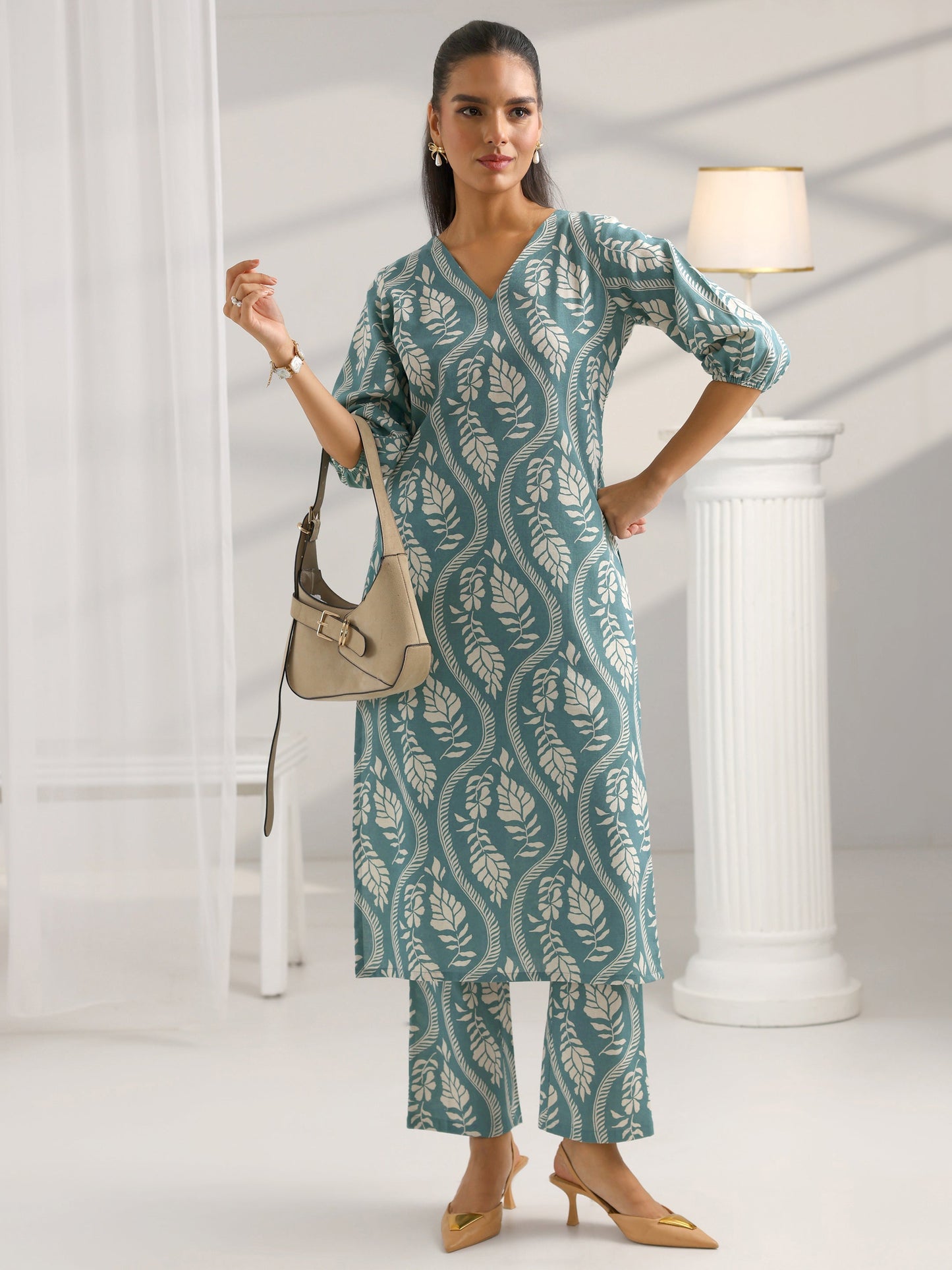 Blue Printed Cotton Straight Kurta Set