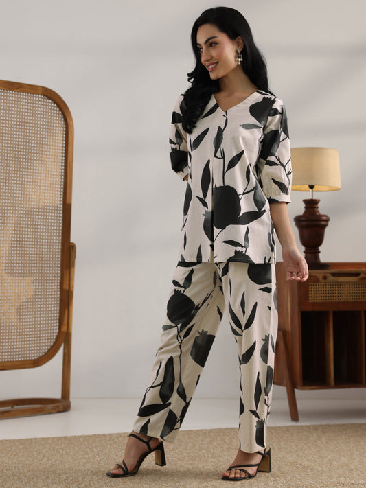Off White Printed Cotton Straight Co-Ord Sets