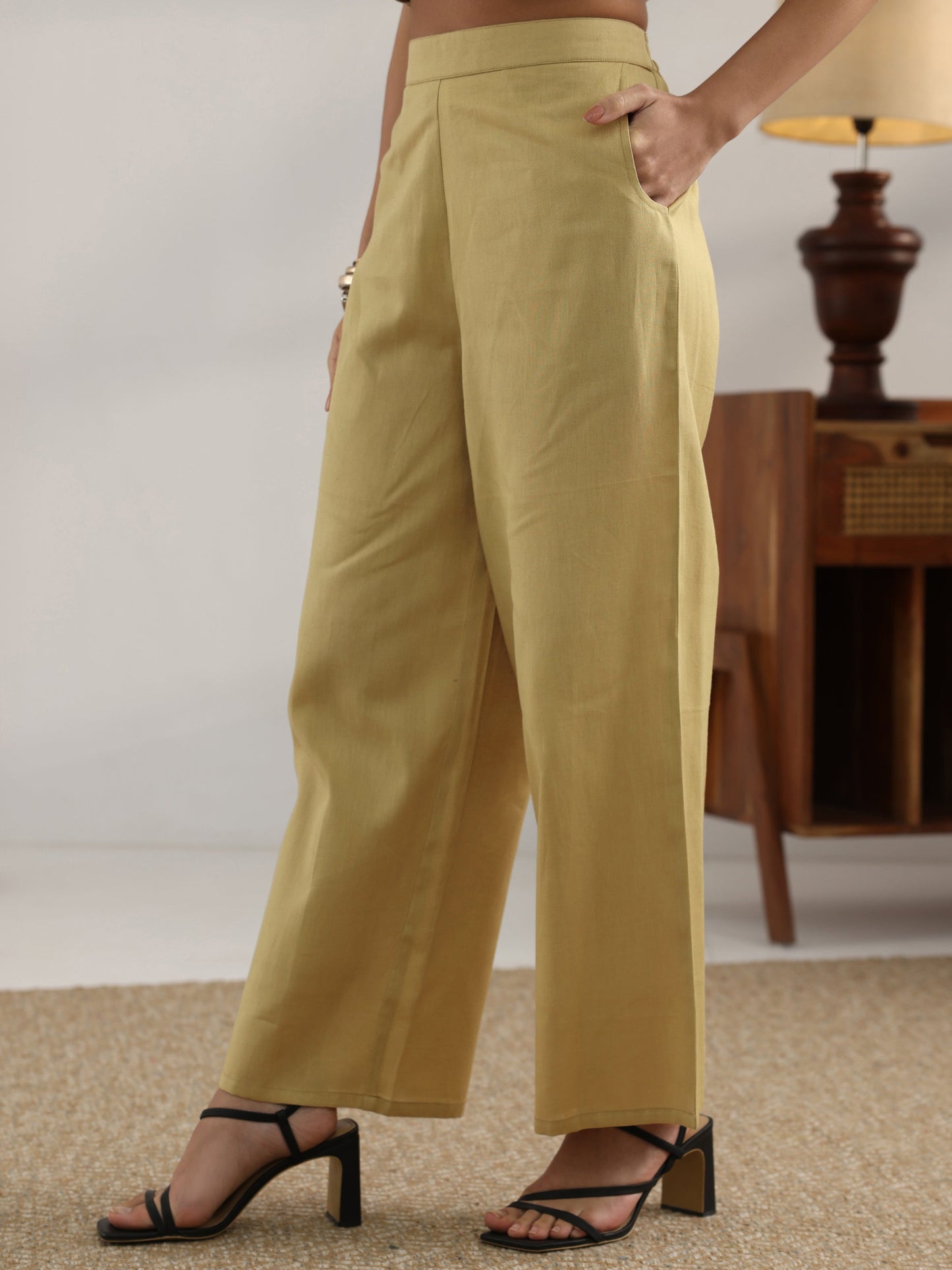 Beige Embroidered Cotton Straight Kurta Set