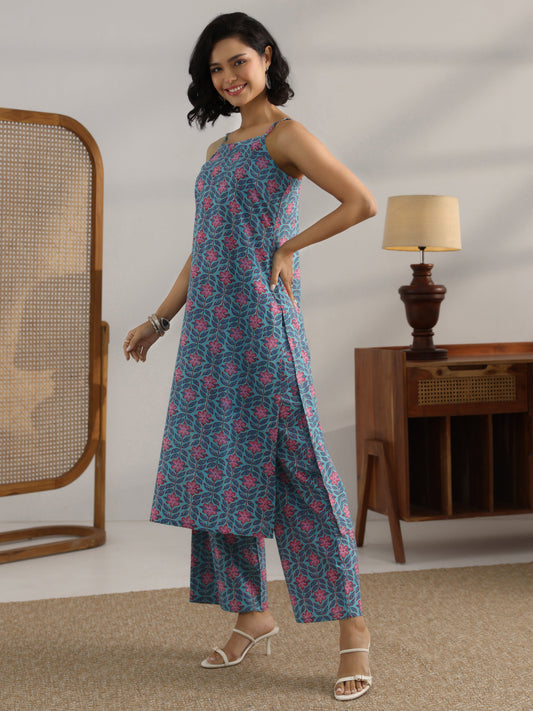 Blue Printed Cotton Straight Kurta Set